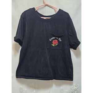 Vibe N' Womens XS Black Crop Top Como La Flor Viva La Bonita Mexican Rose Floral